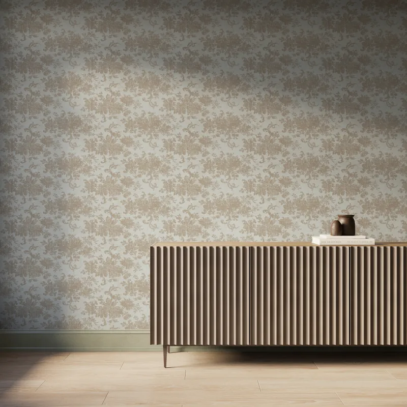 Interior wall styled with Brocade Wallpaper in Tan II featuring a light brown damask floral motif on a matte off-white background, paired with a fluted wood console cabinet, books, and ceramic vases under soft natural light.