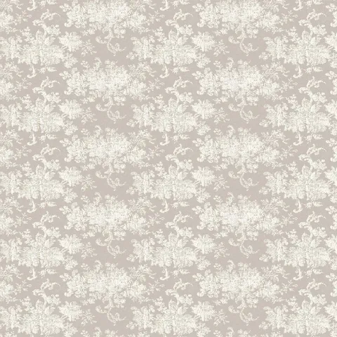 Brocade Wallpaper in Grey I featuring a white damask floral motif over a matte light gray background with softly distressed detailing for a classic, woven-inspired look.