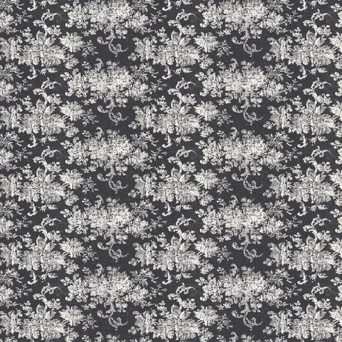 Brocade Wallpaper in Black I featuring a white damask floral motif layered over a matte black canvas with softly distressed detailing inspired by traditional woven patterns.