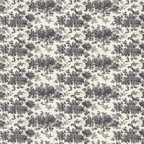 Brocade Wallpaper in Black II featuring a black damask floral motif layered over a matte off-white canvas with softly distressed detailing inspired by traditional woven patterns.