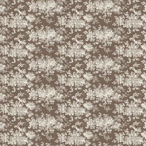 Brocade Wallpaper in Taupe I featuring a white damask floral motif layered over a matte grayish brown canvas with softly distressed detailing inspired by traditional woven patterns.