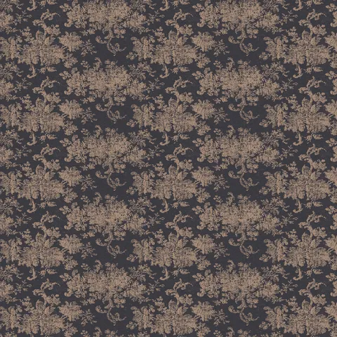 Brocade Wallpaper in Black/Tan I featuring a brown damask floral motif layered over a matte black canvas with softly distressed detailing inspired by traditional woven patterns.