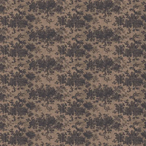 Brocade Wallpaper in Black/Tan II featuring a black damask floral motif layered over a matte brown canvas with softly distressed detailing inspired by traditional woven patterns.