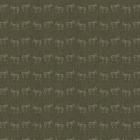 Porter Wallpaper Olive Night I with white donkey motifs across a textured olive green background, a natural fit for western-style interiors.