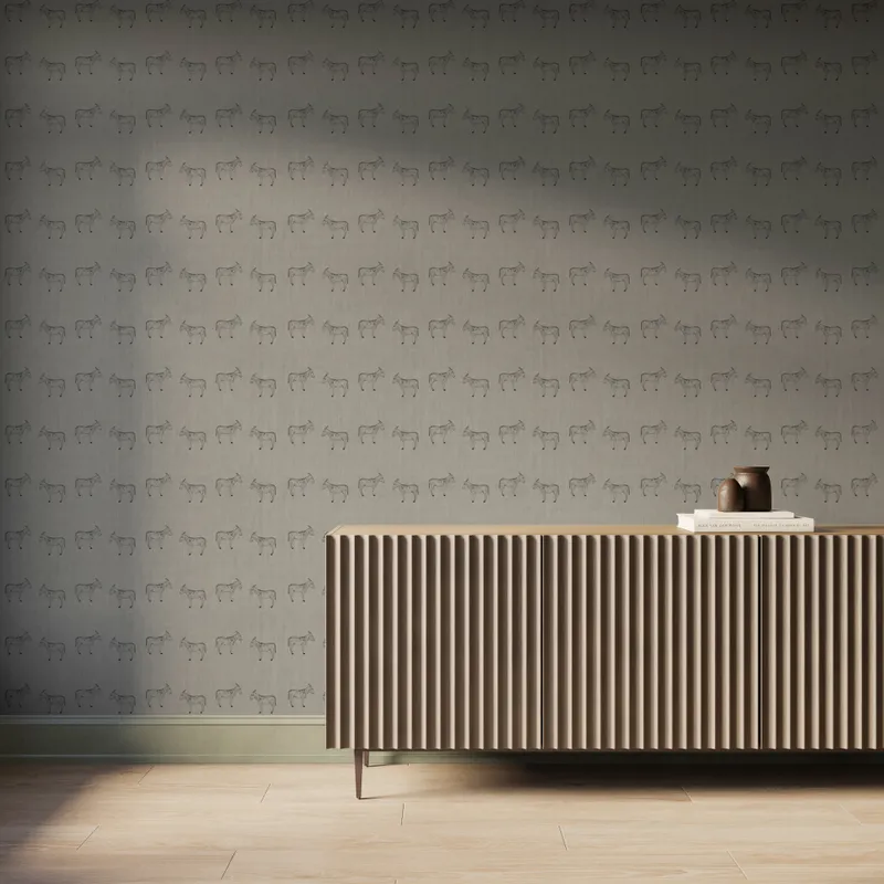 Porter wallpaper in Grey I styled behind a ribbed wood console, with black donkey motifs repeating across a woven-like gray wall, best for rustic ranch interiors.