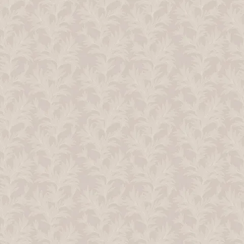 Light gray botanical wallpaper with repeating leafy branch pattern in off-white tones.