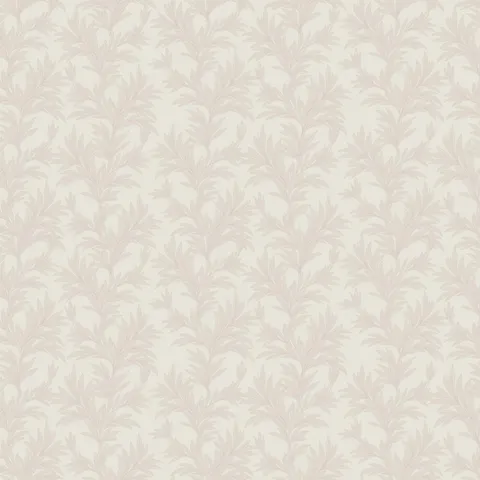Off-white botanical wallpaper with repeating leafy branch pattern in light gray tones.