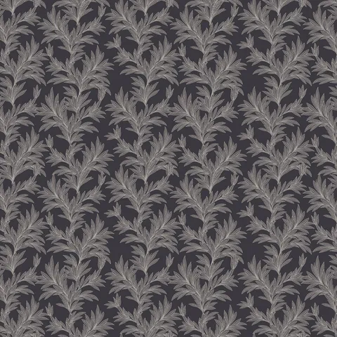 Black botanical wallpaper with repeating leafy branch pattern in off-white tones.