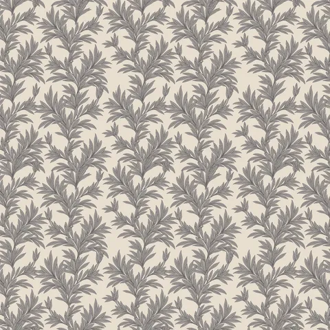 Off-white botanical wallpaper with repeating leafy branch pattern in black tones.