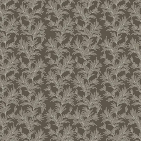 Dark olive green botanical wallpaper with repeating leafy branch pattern in off-white tones.
