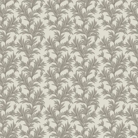 Off-white botanical wallpaper with repeating leafy branch pattern in dark olive green tones.