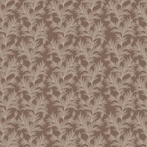 Dark taupe botanical wallpaper with repeating leafy branch pattern in off-white tones.