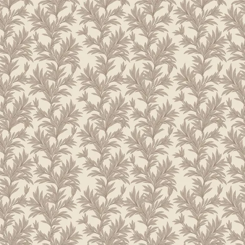 Off-white botanical wallpaper with repeating leafy branch pattern in dark taupe tones.