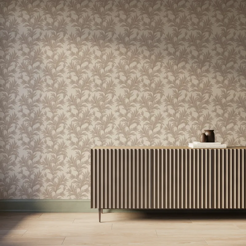 Off-white botanical wallpaper with dark taupe repeating leafy branch pattern, styled behind a modern fluted wood console.