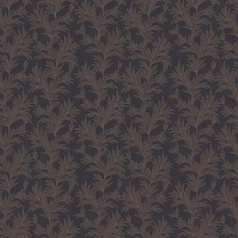 Black botanical wallpaper with repeating leafy branch pattern in brown tones.