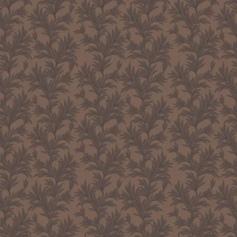 Brown botanical wallpaper with repeating leafy branch pattern in black tones.