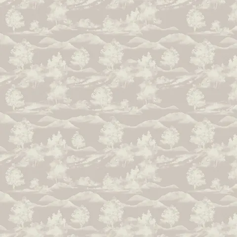 Light gray abstract contour wallpaper with white topographic lines behind a modern ribbed wood console table.