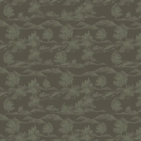 Earthy gray abstract contour wallpaper with olive green topographic lines behind a modern ribbed wood console table.