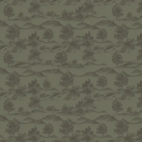 Olive green abstract contour wallpaper with earthy gray topographic lines behind a modern ribbed wood console table.