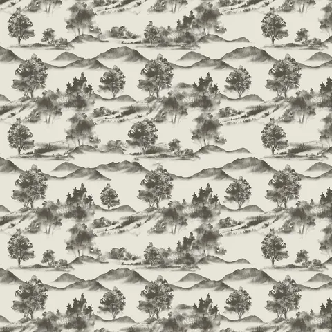 White scenic landscape wallpaper with olive green trees and mountain silhouettes in a repeating pastoral pattern.