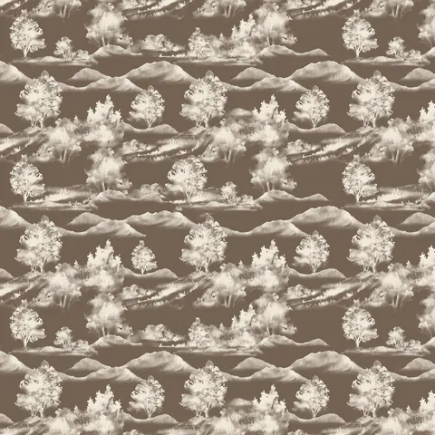 Dark taupe scenic landscape wallpaper with white trees and mountain silhouettes in a repeating pastoral pattern.