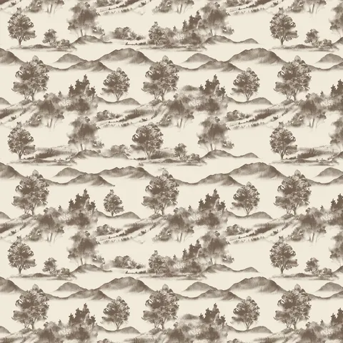 White scenic landscape wallpaper with dark taupe trees and mountain silhouettes in a repeating pastoral pattern.