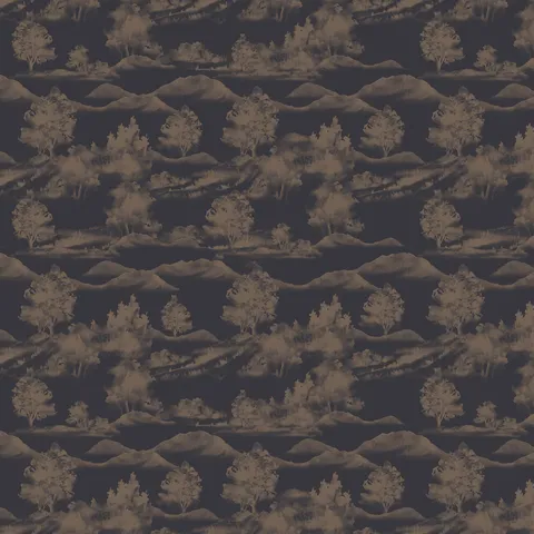 Dark gray scenic landscape wallpaper with brown trees and mountain silhouettes in a repeating pastoral pattern.