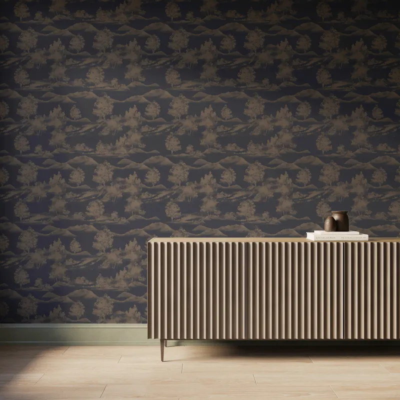 Dark gray scenic landscape wallpaper with brown trees and mountain silhouettes behind a modern ribbed wood console table.
