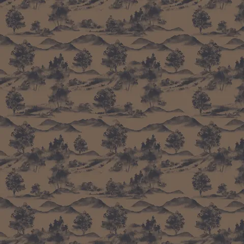 Brown scenic landscape wallpaper with darkgray trees and mountain silhouettes in a repeating pastoral pattern.