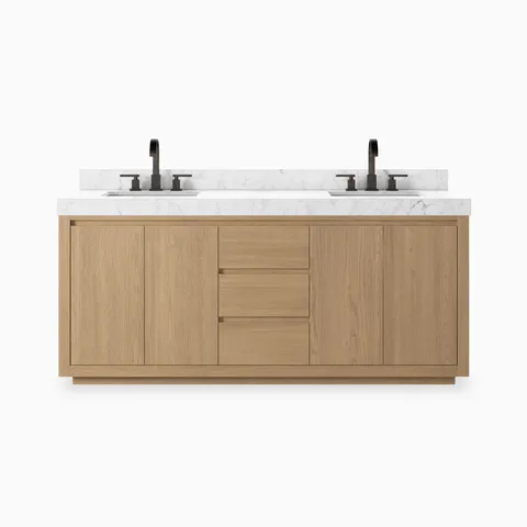 Alisa 72" Double Vanity in Satin Light Wash Oak Veneer with Carrara Marble Top