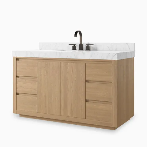 Alisa 55" Single Vanity in Satin Light Wash Oak Veneer with Carrara Marble Top