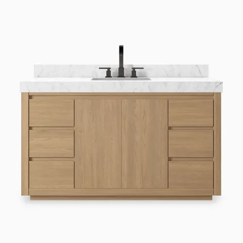 Alisa 55" Single Vanity in Satin Light Wash Oak Veneer with Carrara Marble Top