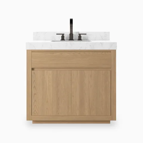 Alisa 36" Single Vanity in Satin Light Wash Oak Veneer with Carrara Marble Top