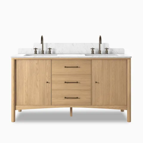 Heidi 60.5" Double Vanity in Satin Light Wash Oak Veneer with Carrara Marble Top