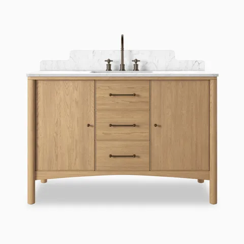 Heidi 48.5" Single Vanity in Satin Light Wash Oak Veneer with Carrara Marble Top