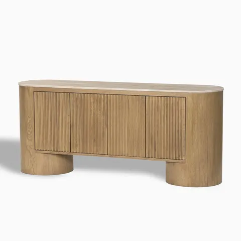 Fannin Media Console in Natural Light Oak Veneer with Natural Travertine Top