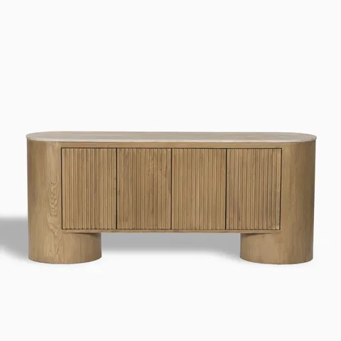 Fannin Media Console in Natural Light Oak Veneer with Natural Travertine Top