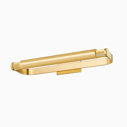 Streamlined 24" picture light in aged brass with a cylindrical frame and knurled accents, delivering even, focused display lighting.