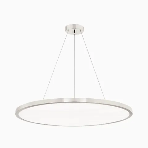 36" polished nickel chandelier with slim circular frame, suspended cables, and alabaster diffuser for a sleek modern minimalist design.
