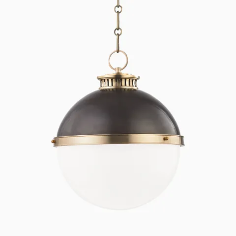 14 inches pendant light with dark bronze dome, aged brass band, and semi-opaque glass globe with vintage-style vented collar.