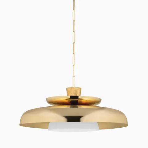 Oversized vintage brass pendant with layered dome silhouette and opal diffuser on chain suspension.