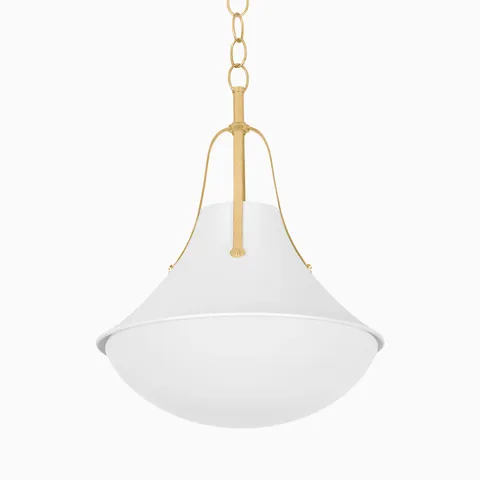 Pendant light featuring a sculptural plaster shade and opal glass diffuser, suspended by a vintage gold leaf frame for a timeless look.