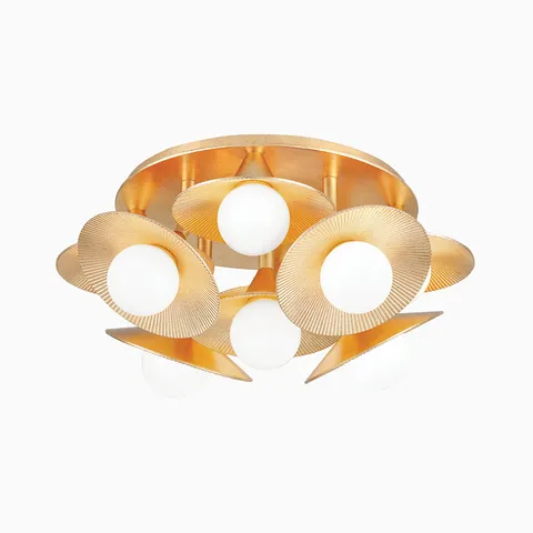 Featuring a layered composition of nine opal shades and textured gold discs, our Cressida Semi-Flush in Vintage Gold Leaf suits eclectic, modern glam rooms.