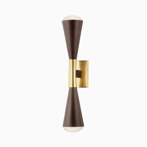 Garnet wall sconce in aged brass and bronze with flared double-cone shape and bubble glass tips, exuding bold mid-century elegance.