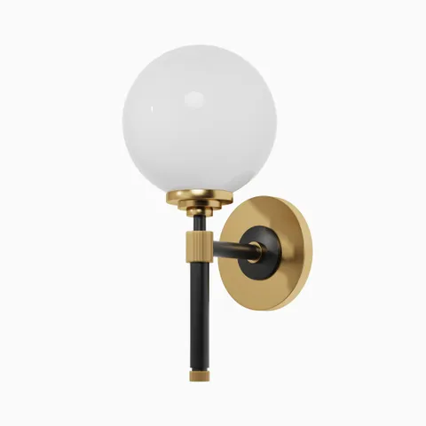 Wall sconce with opal glass globe shade, aged old bronze and black finish, upright stem, and compact round backplate. Ideal for ambient lighting.