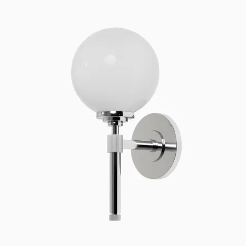 Wall sconce with polished nickel finish, opal glass globe shade, upright silhouette, and sleek round backplate for ambient lighting.