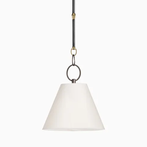 12” pendant with conical parchment shade and dark rod, linked by a bronze ring accent for a warm, modern minimalist look.