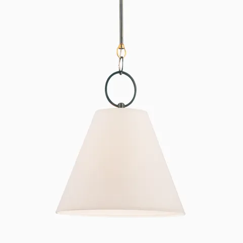 Pendant with a conical parchment shade, suspended by a dark rod and bronze ring accent, blending classic form with warm modern detail.