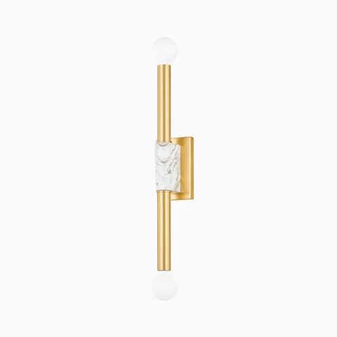 Larson Wall Sconce in Aged Brass features two frosted bulbs and a striking white marble slab wrapped in a brushed gold finish, perfect for luxe modern spaces.