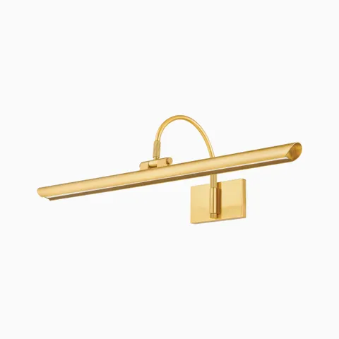 Sleek brass picture light with a curved arm and minimalist design, perfect for highlighting art or mirrors with elegance